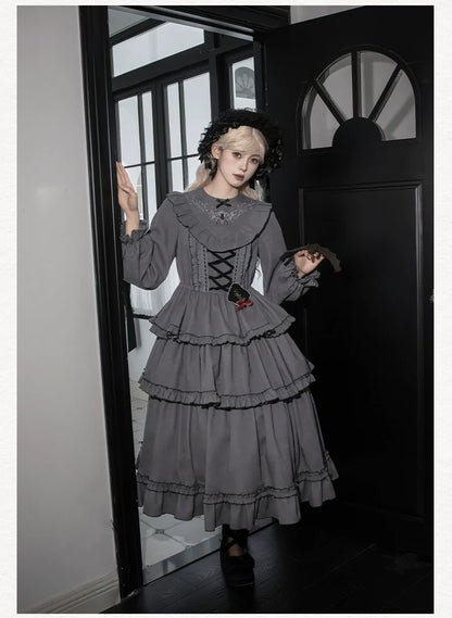 With PUJI - Castle Night - Gothic Twins Lolita OP Three-tiered Embroidery Dress