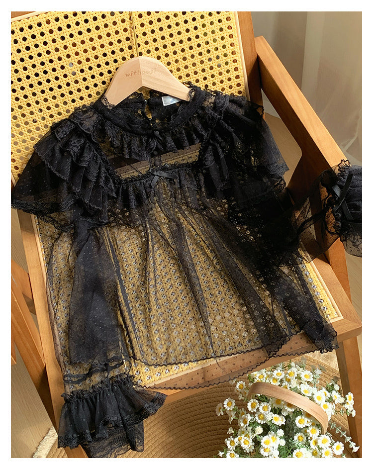 With PUJI - Letters and Poems - Summer Classic Lolita Shirt with Dotted Tulle and Long Sleeve