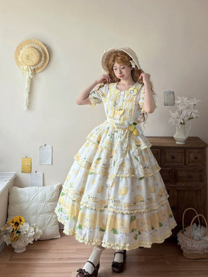 Miss Point - Lemon Chick - Country Lolita Printed OP With Button Front