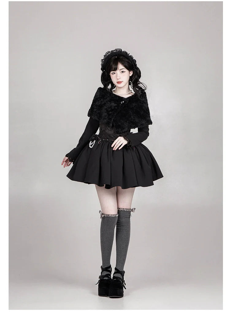 With PUJI - Old Testament - Classic Lolita Coat Black Plush Lolita Cape and Brooch