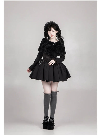 With PUJI - Old Testament - Classic Lolita Coat Black Plush Lolita Cape and Brooch
