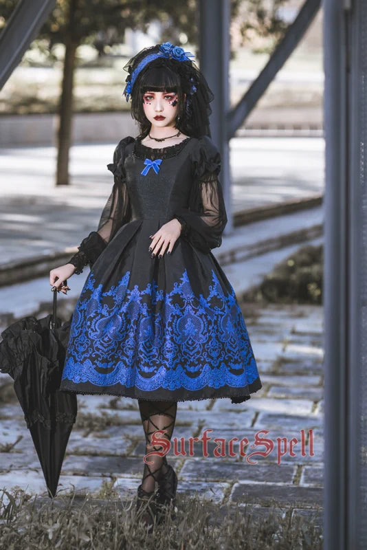 Surface Spell - Nocturne - Custom Gothic Lolita Dress Brocade Puff Sleeve Dress