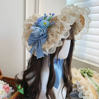 With PUJI - Floral Language - Country Lolita Lace Bow Flat Cap Straw Hat
