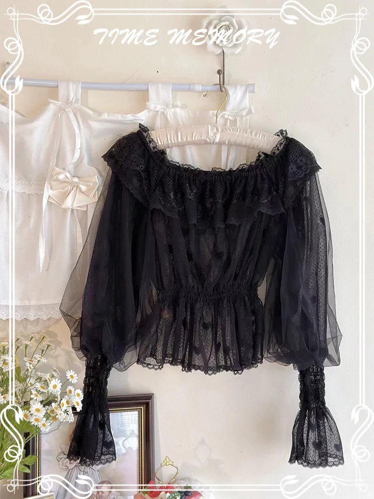 Time Memory - Layered Heart - Sheer Classic Shirt with Mutton Sleeves & Polka Dot