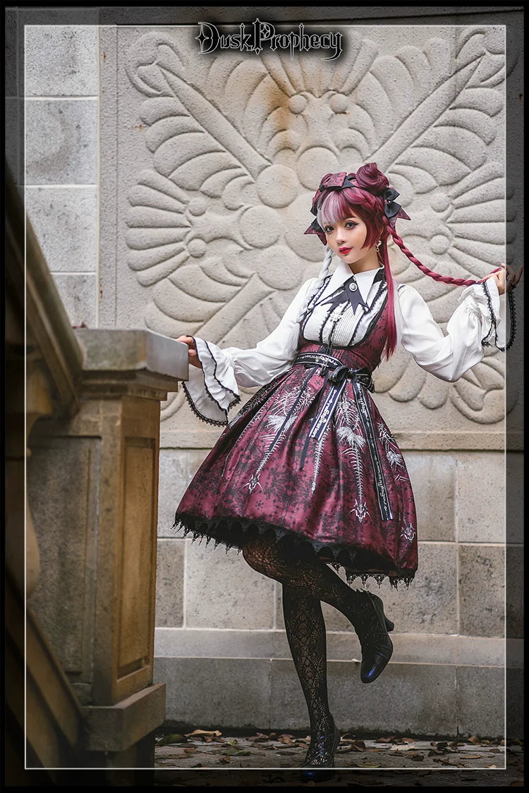 DuskProphecy - Coccyx - Elegant Lolita Dress High Waist Fishbone Print JSK Set