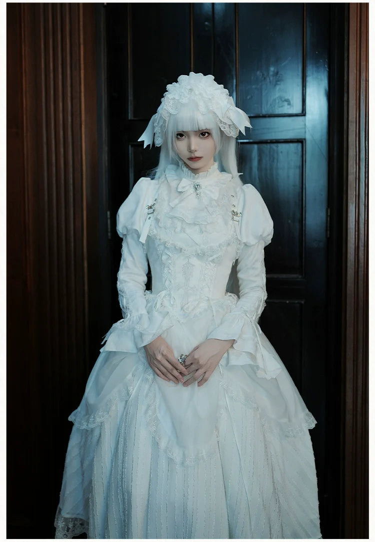 With PUJI - Fallen Heaven - White Gothic Lolita OP Set, Double Layered Skirt