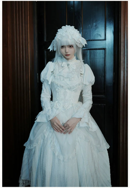 With PUJI - Fallen Heaven - White Gothic Lolita OP Set, Double Layered Skirt