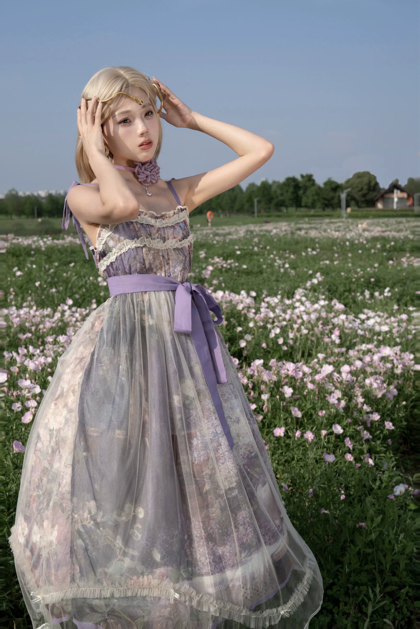 Cyan Lolita - Blooming Tree Shade - Sweet Lolita Strap JSK Bow Oil Painting Print Dress