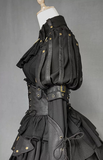 FOXTROT - Black Mist Beloved - Corset Gothic Lolita SK, Shirt, Faux Leather Cage Overlay