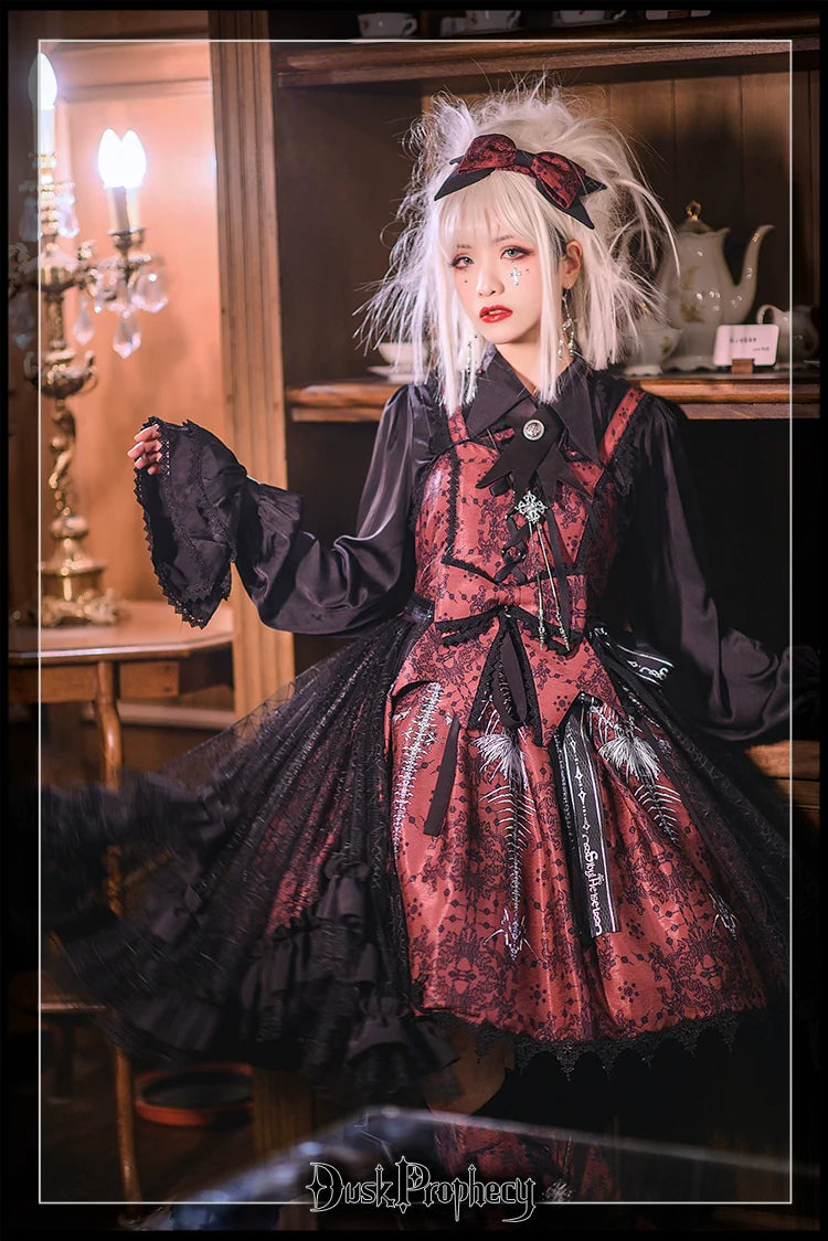 DuskProphecy - Coccyx - Elegant Lolita Dress High Waist Fishbone Print JSK Set