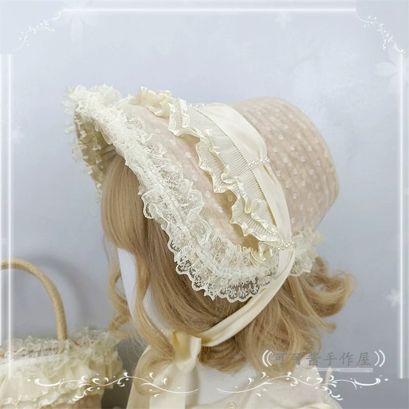 Cocoa Jam - Retro Lolita Hat Hand-basket Ivory Lace Lolita Hat Hand-basket