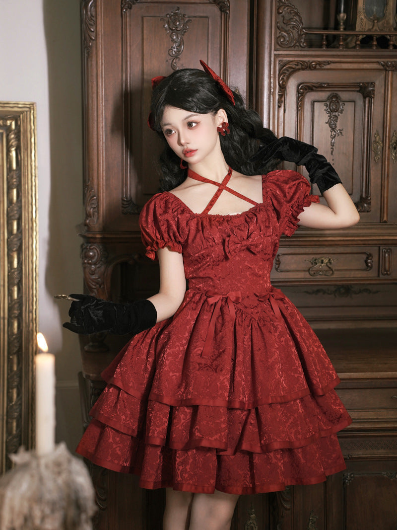 Eieyom - Elegant Lolita Short Sleeve Red Dress