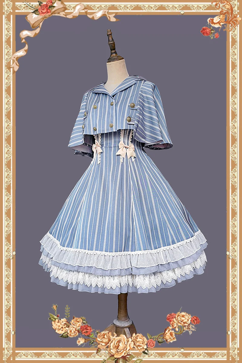 Infanta - Elegant Lolita Stripe High-waist Jumper Dress Set and Cape