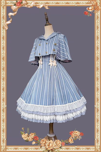 Infanta - Elegant Lolita Stripe High-waist Jumper Dress Set and Cape