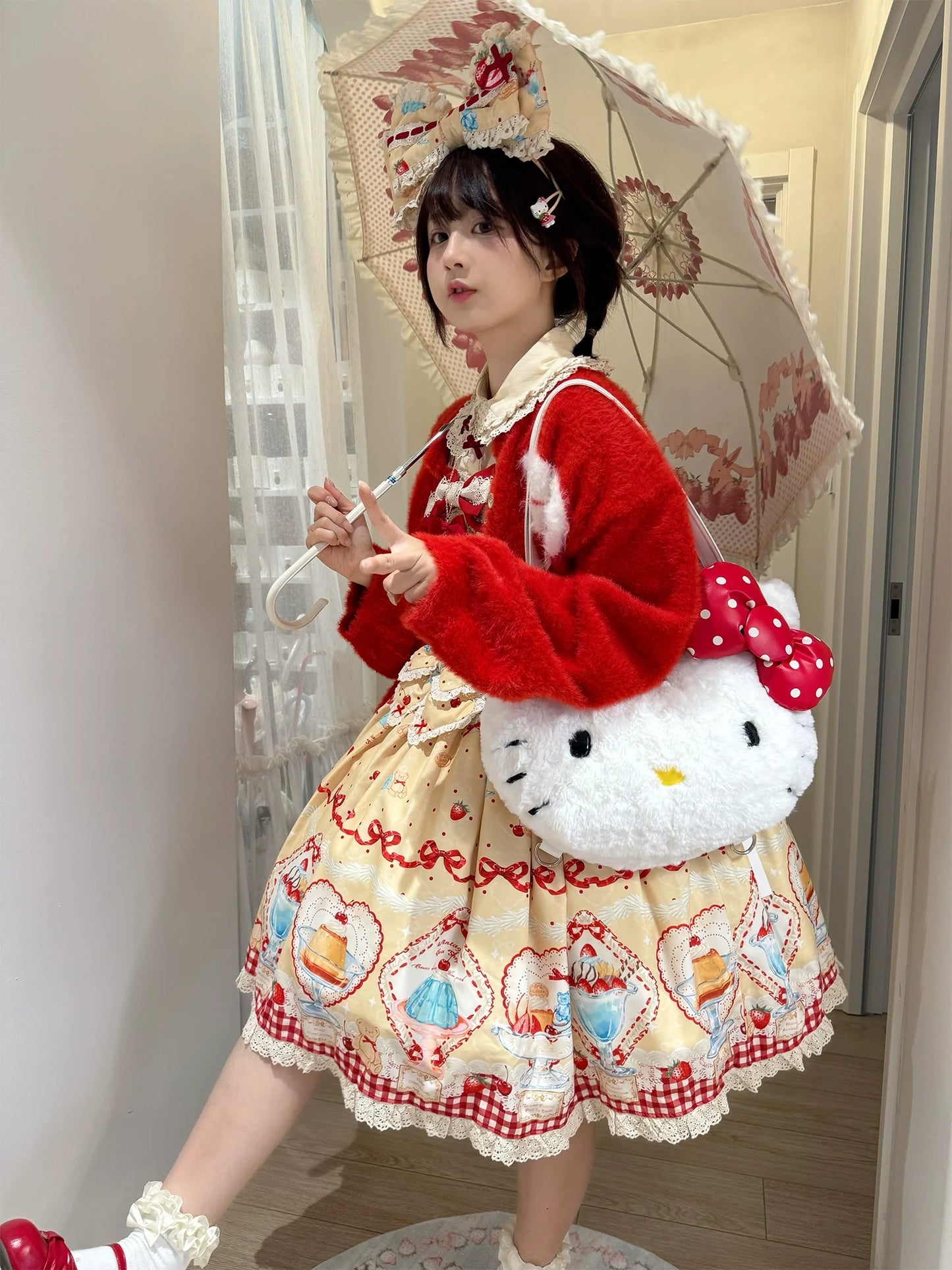 DreamWhale - Showa Dessert Showcase - Kawaii Lolita Dress Suit Pudding-Inspired JSK/Salopette