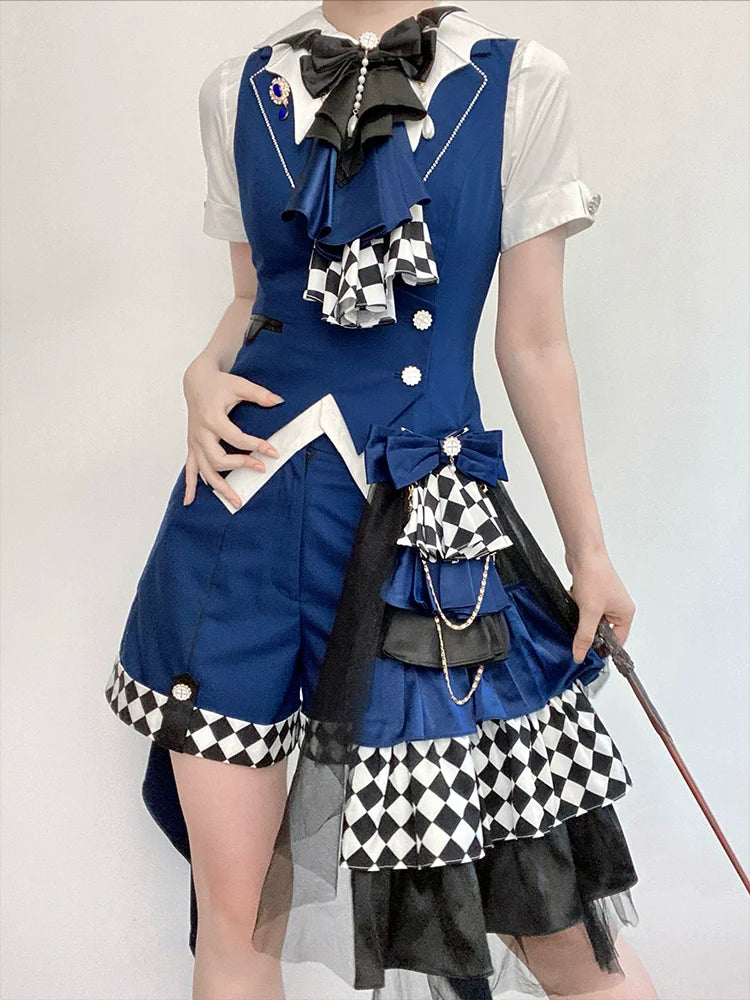 Forest Fluorescent Carps - The Judge's Game - Dark Blue Ouji Lolita Tailored Vest, Shorts Outfit