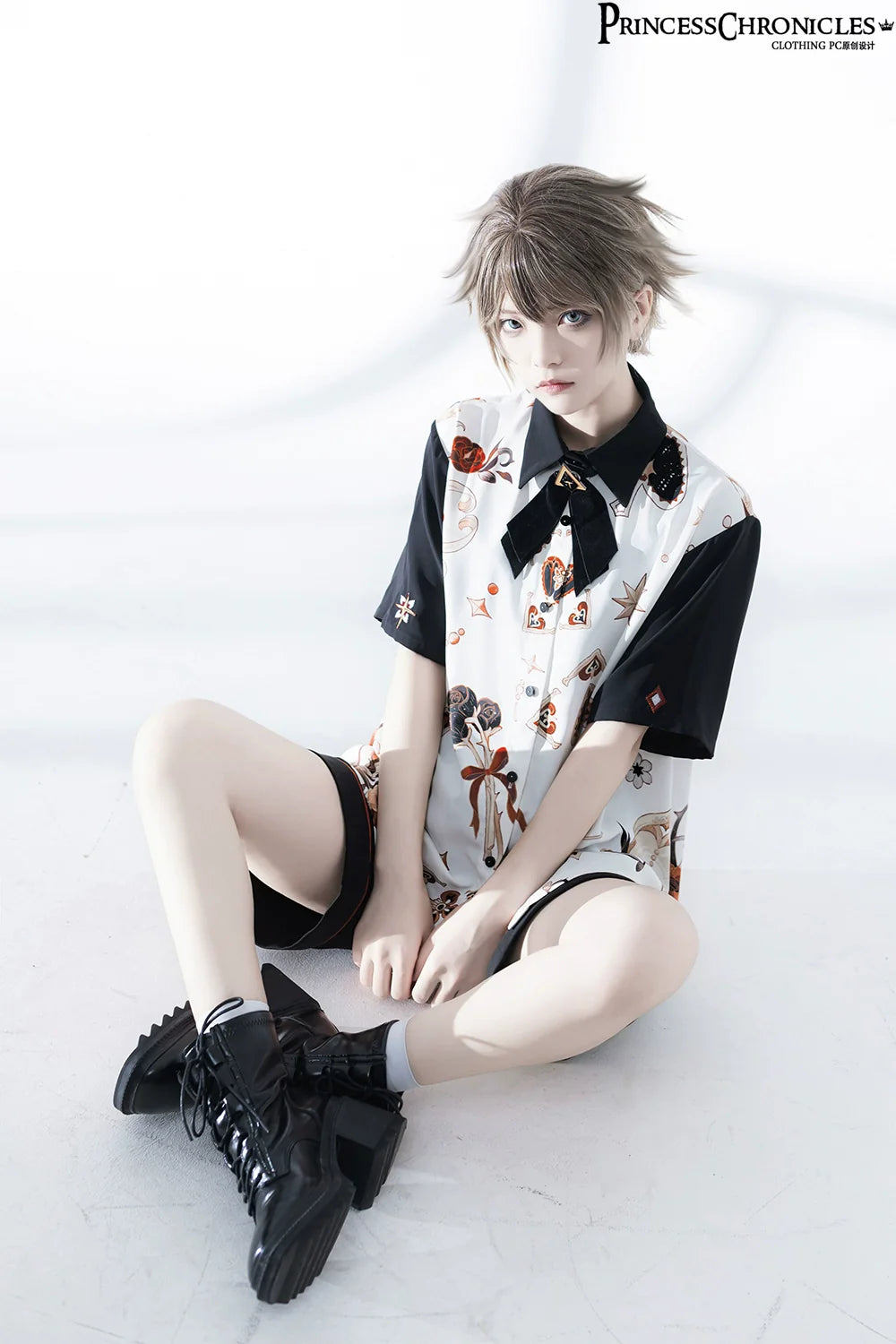 Princess Chronicles - Floral Intoxication - Retro Ouji Lolita Shirt Floral Short Sleeve Shirt and Embroidered Black Shorts