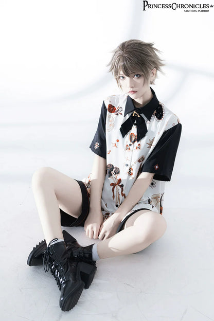 Princess Chronicles - Floral Intoxication - Retro Ouji Lolita Shirt Floral Short Sleeve Shirt and Embroidered Black Shorts