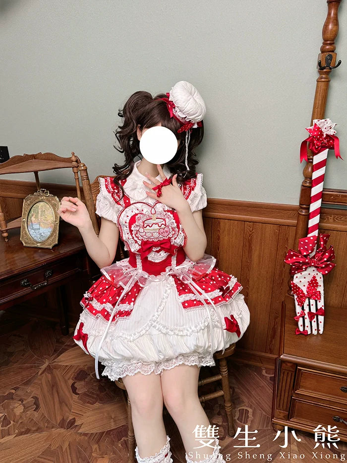 Shuang Sheng Xiao Xiong - Bite The Cake - White Sweet Lolita Blouse, Lace-Up Back