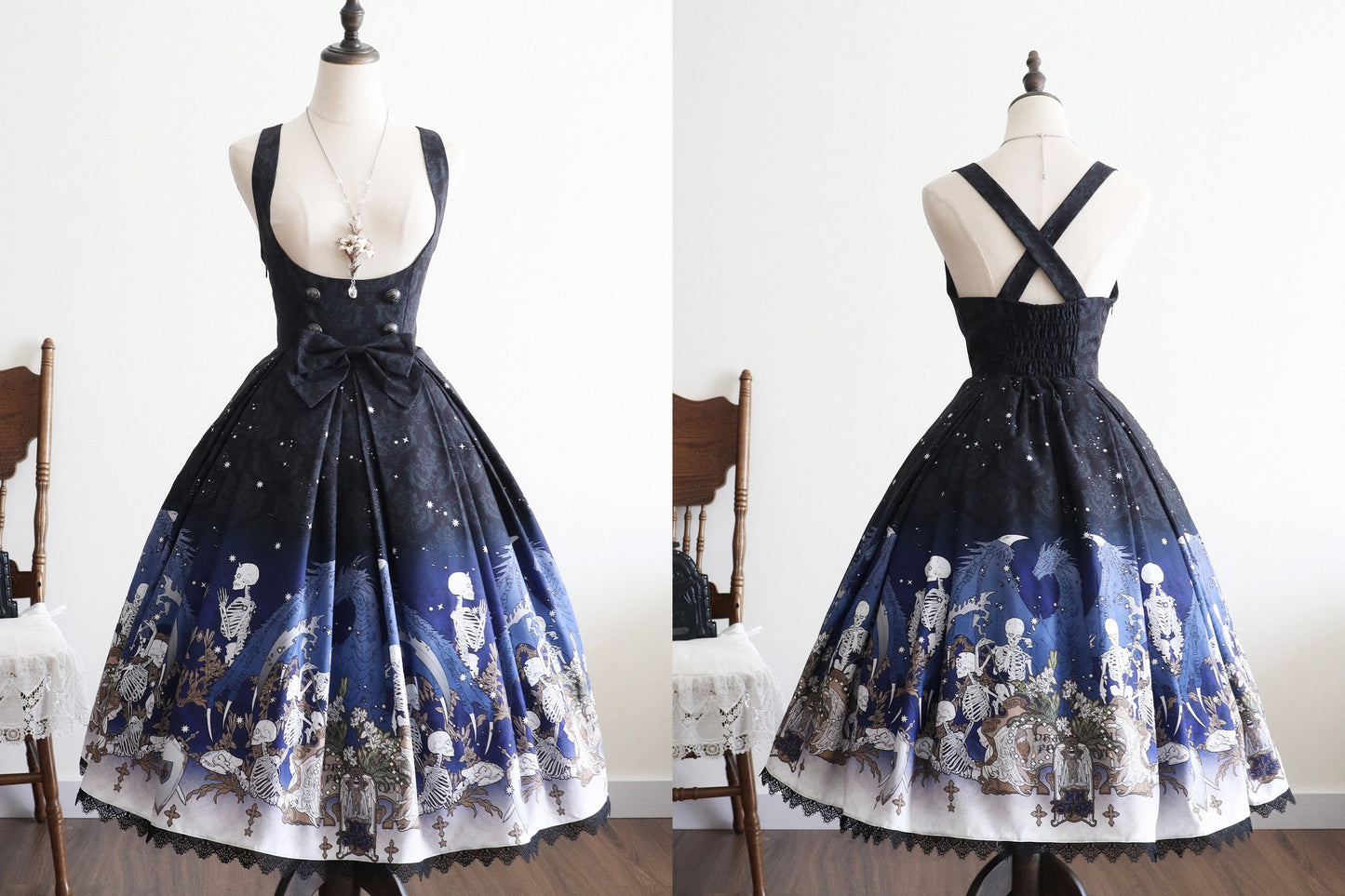 Nn Star - Dragonbone Lily - Dragon Skeleton Print Gothic Lolita Bust-supporting JSK and BNT