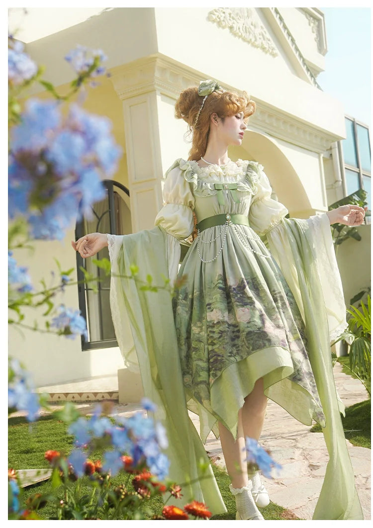 With PUJI - Blooming Rose - Chiffon Classic Lolita Dress Set Painting Styled OP & JSK