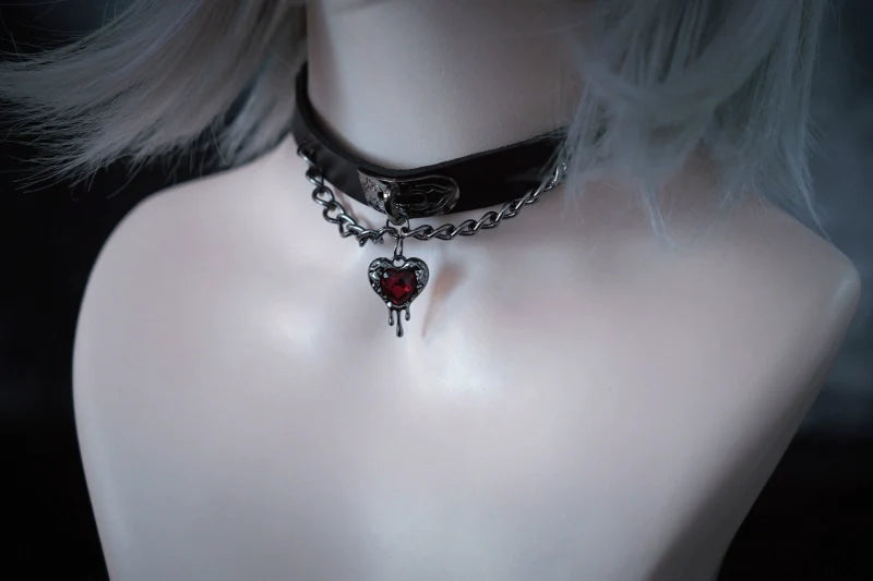 Strange Sugar - Gothic Lolita Choker Faux Leather Heart Pendant Necklace