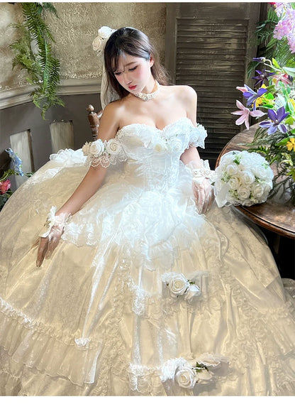 Diamond Honey - Love and Roses - Princess Bridal Wedding Lolita Dress With Rose Detail and Tiered Skirt