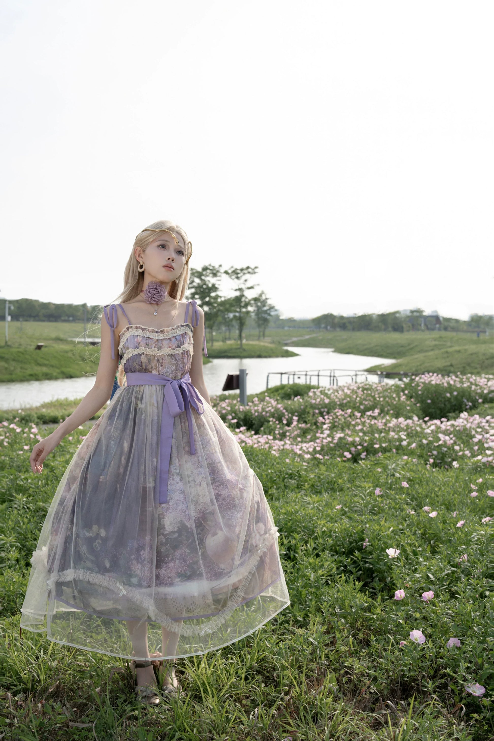 Cyan Lolita - Blooming Tree Shade - Sweet Lolita Strap JSK Bow Oil Painting Print Dress