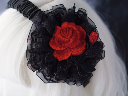 Strange Sugar - Gothic Lolita KC Black Wine Red Ruffled Bow Hair Accessories