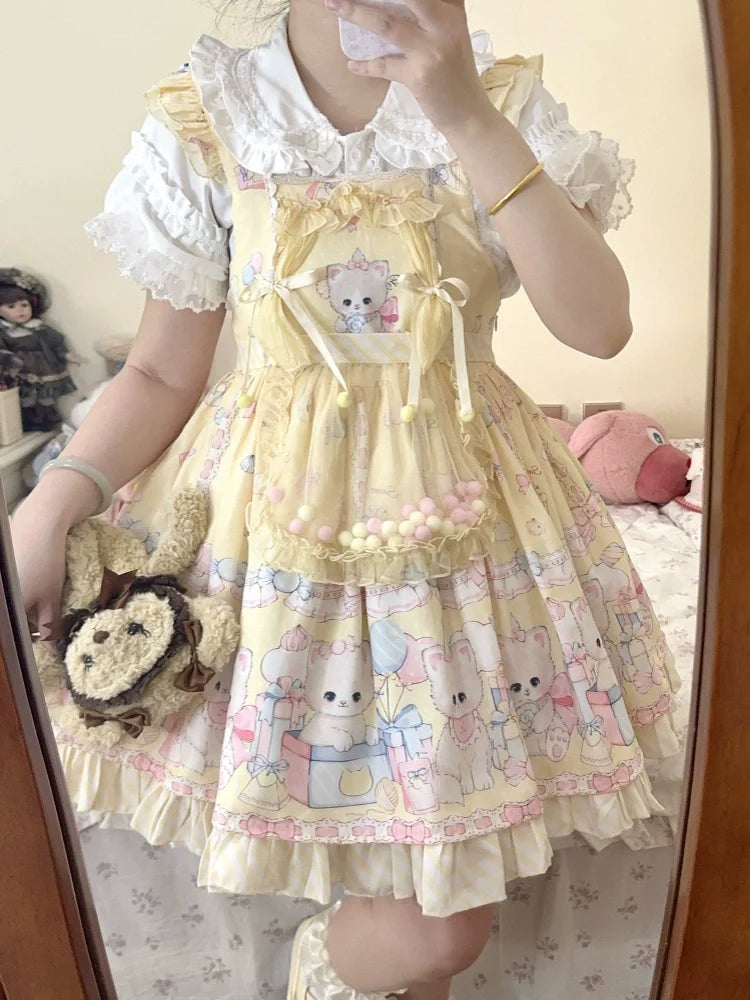 Suiyi - Meow Pompom - Sweet Lolita Salopette Dress Suit, Cat Print