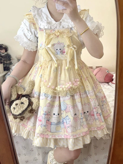 Suiyi - Meow Pompom - Sweet Lolita Salopette Dress Suit, Cat Print