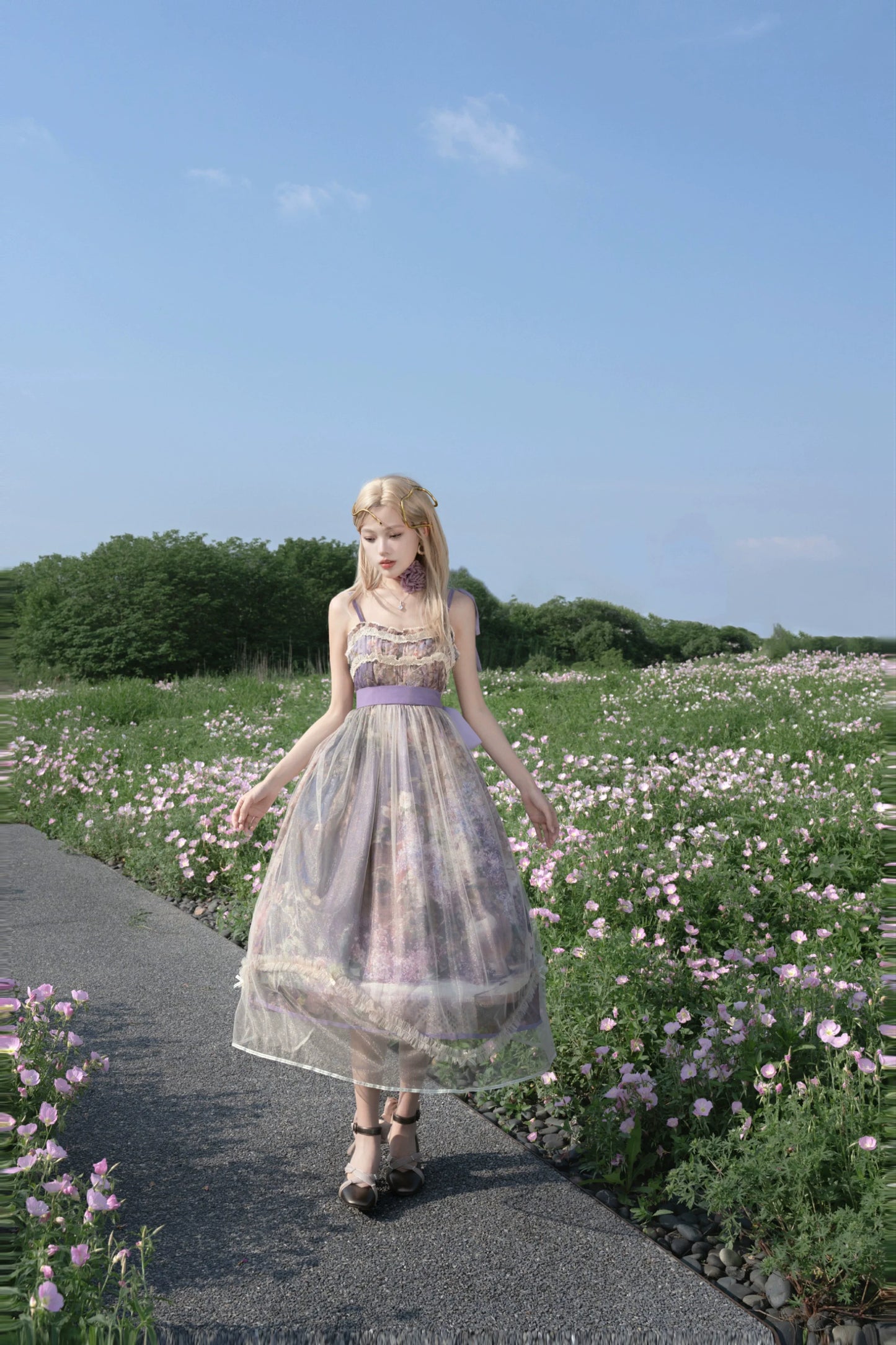 Cyan Lolita - Blooming Tree Shade - Sweet Lolita Strap JSK Bow Oil Painting Print Dress