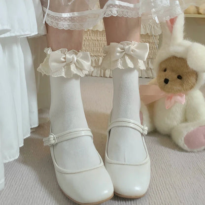 Roji Roji - Cotton Lolita Socks Lace Bow White Socks