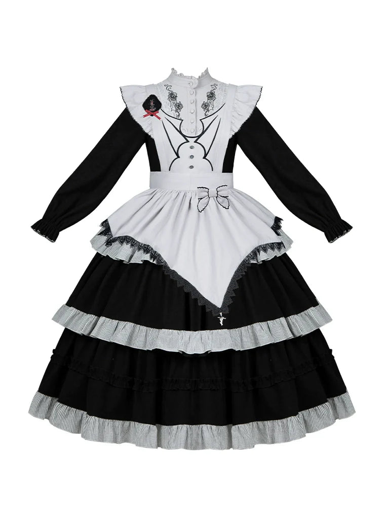 With PUJI - Castle Night - Gothic Twins Lolita OP Three-tiered Embroidery Dress