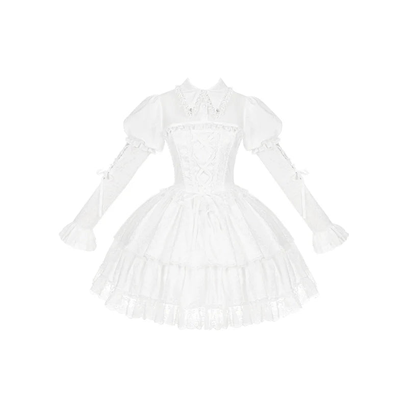 With PUJI - Fallen Heaven - White Gothic Lolita OP Set, Double Layered Skirt