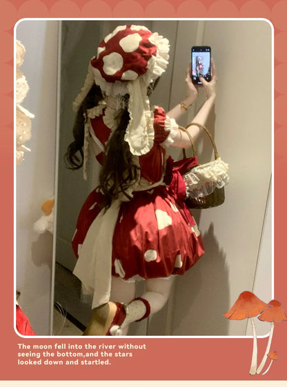 Sakurahime - Mushroom - Kawaii Lolita OP Dress with Apron and Detachable Sleeves