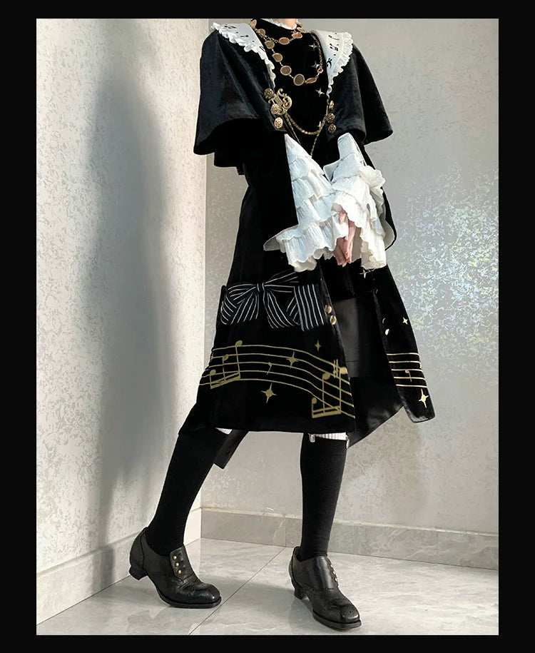 Forest Fluorescent Carps - Black and White Sonata - Ouji Lolita Vest Suit and Vintage Lolita OP Dress