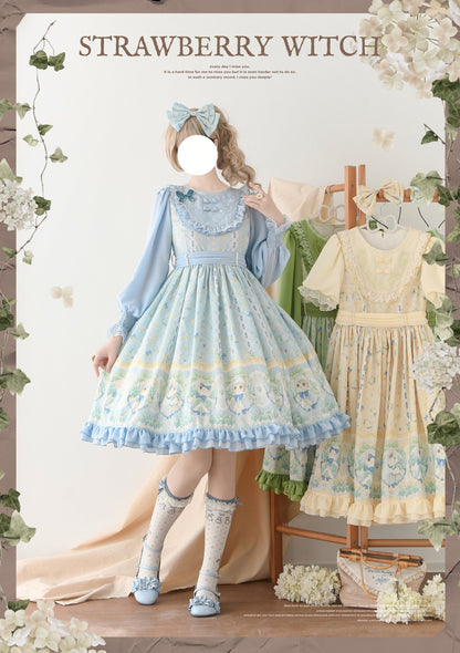 Strawberry Witch - Lily of the Valley Kitten - Country Lolita OP with Embroidery and Cat Print