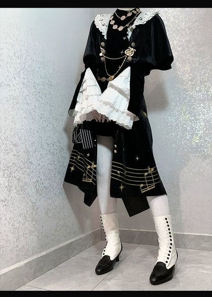 Forest Fluorescent Carps - Black and White Sonata - Ouji Lolita Vest Suit and Vintage Lolita OP Dress