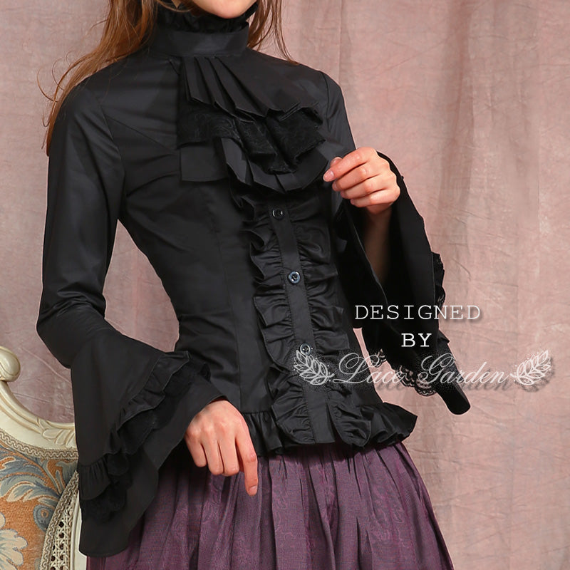 Lace Garden - Dark Angel - Gothic Lolita Shirt with Long Sleeve and Ruffled Long Tail