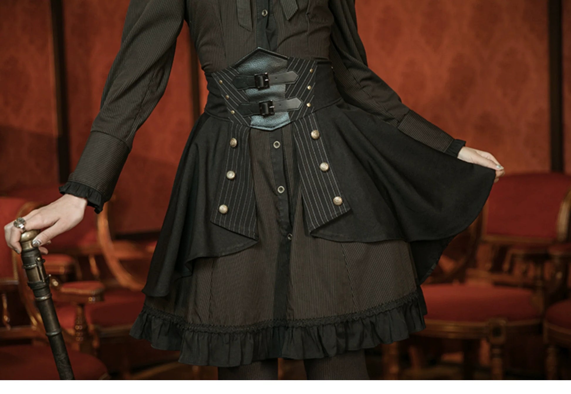 Mr. Yi's Steam Continent - Gothic Lolita Skirt Black High-Waisted Leather Waistband Skirt