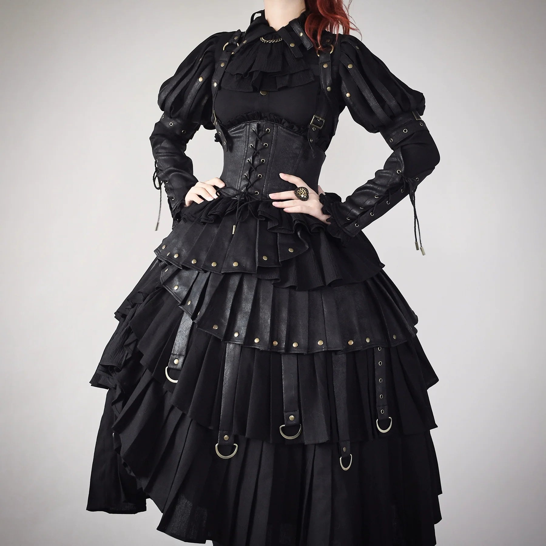 FOXTROT - Black Mist Beloved - Corset Gothic Lolita SK, Shirt, Faux Leather Cage Overlay