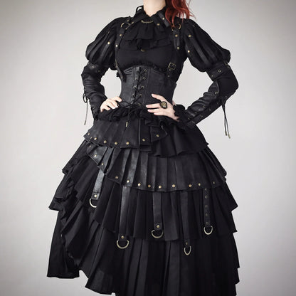 FOXTROT - Black Mist Beloved - Corset Gothic Lolita SK, Shirt, Faux Leather Cage Overlay