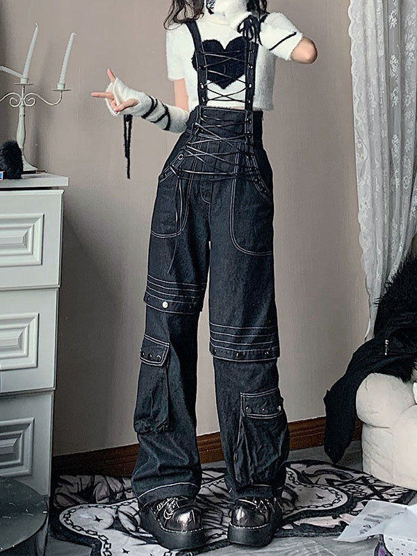 Lace-up style suspender jeans