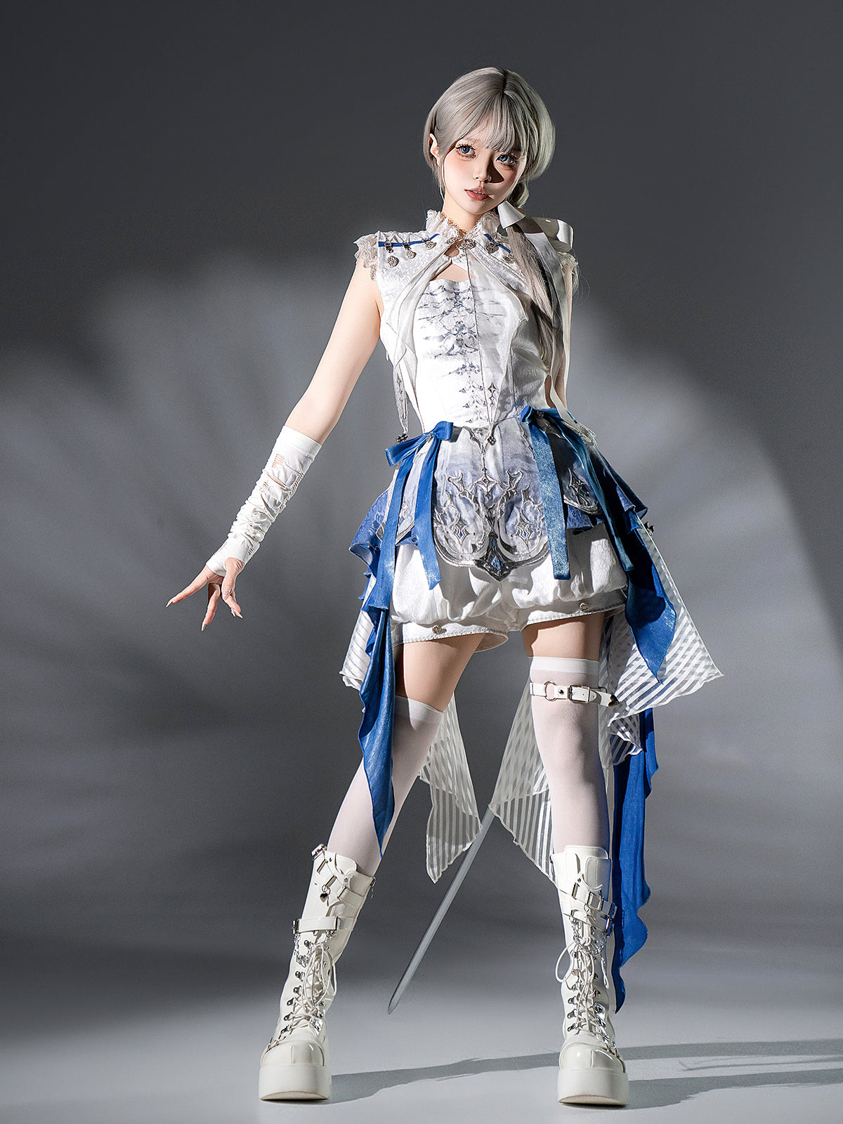 Designer's Gift - Blue Dragon Bone - Ouji Lolita Shorts Suit with Embroidery and Trailing