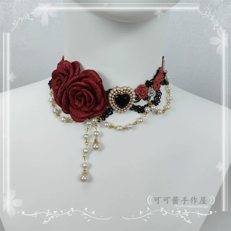 Cocoa Jam - Elegant Lolita Necklace Rose Gemstones and Pearl Necklace