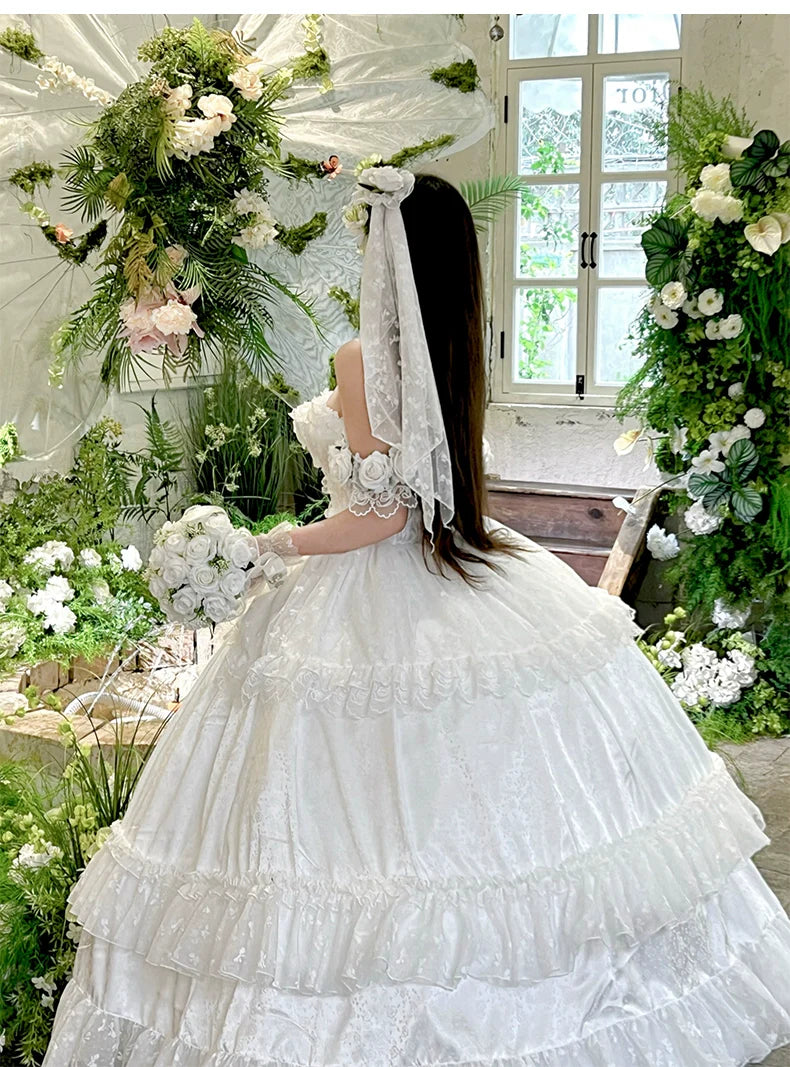 Diamond Honey - Love and Roses - Princess Bridal Wedding Lolita Dress With Rose Detail and Tiered Skirt