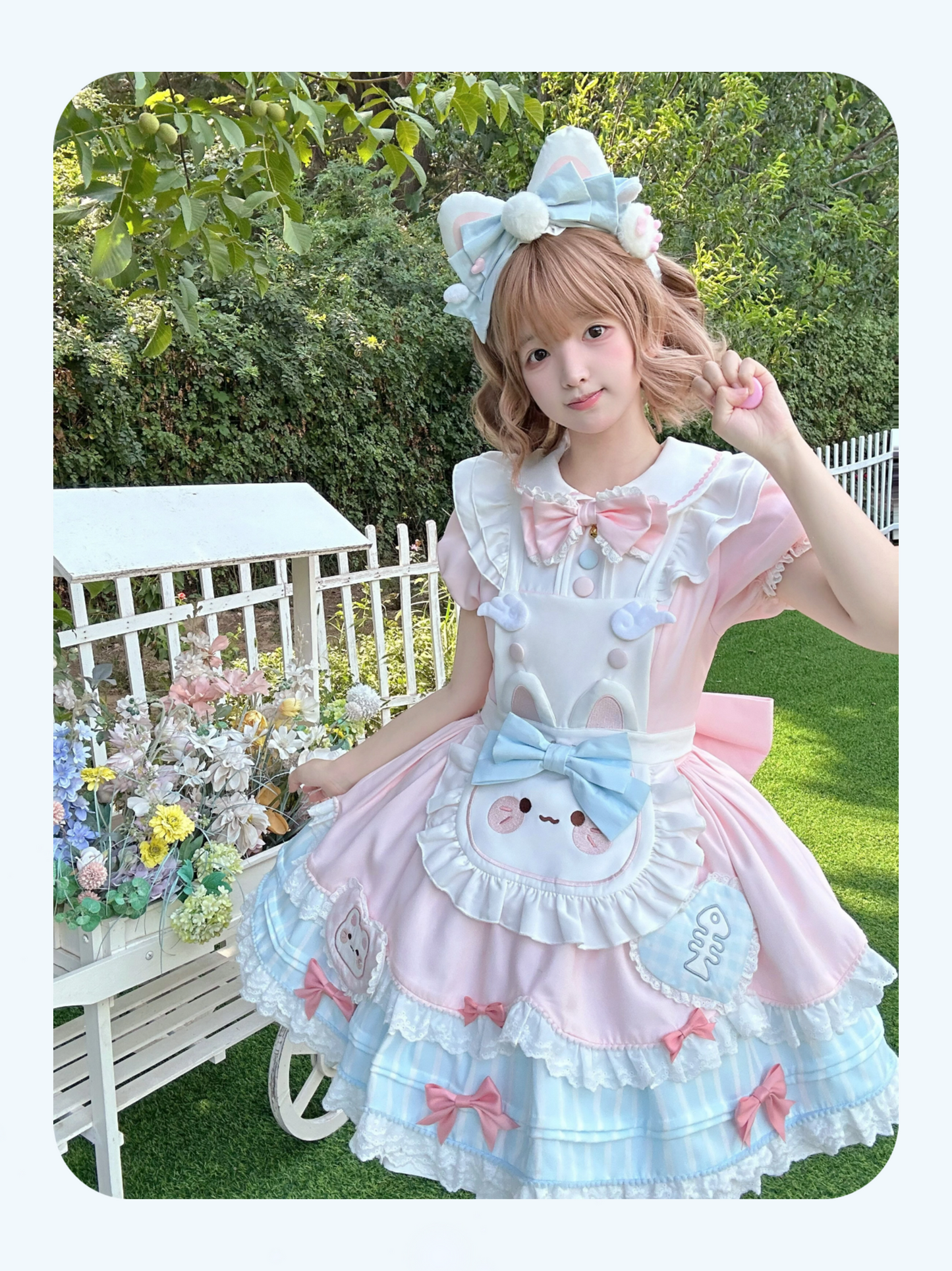Jiuli Lolita - Nine Meow Bunny - Sweet Lolita Bunny Apron OP Dress, Back Zipper