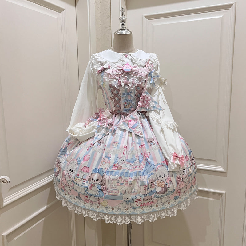 Hanguliang - Sweet Tea Party - Kawaii Lolita JSK Puppy Printed Dress with Sash