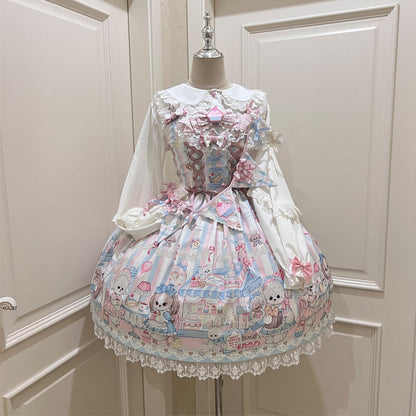 Hanguliang - Sweet Tea Party - Kawaii Lolita JSK Puppy Printed Dress with Sash